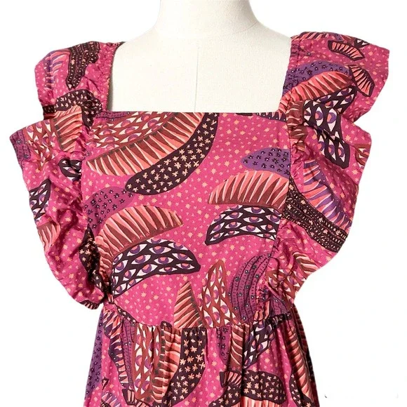 Farm Rio Wild Bananas Print Square Neck Ruffled Tiered Midi Dress Size Medium - Picture 3 of 7